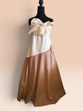 Dress Forum Two-Tone Cream and Brown Strapless Maxi Dress with Bow